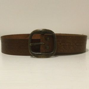 Brown Leather Distressed Stamped Belt With Brass Buckle